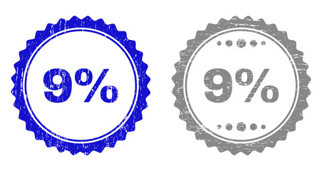 9% stamp seals with grunge texture in blue and grey colors isolated on white background. Vector rubber imprint of 9% label inside round rosette. Stamp seals with dust textures.
