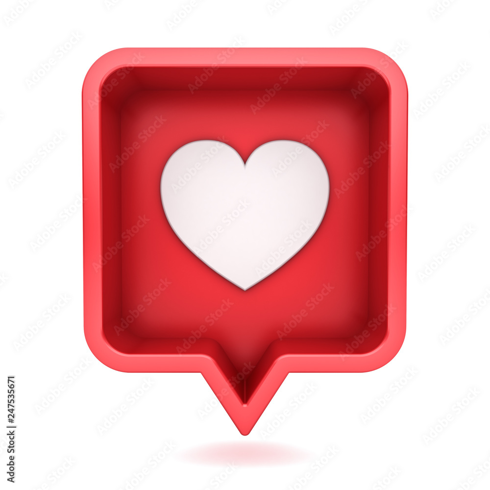 Poster 3d social media notification love like heart icon in red rounded square pin isolated on white background with shadow 3D rendering