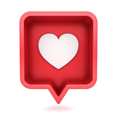 3d social media notification love like heart icon in red rounded square pin isolated on white background with shadow 3D rendering