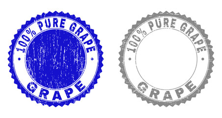 100% PURE GRAPE stamp seals with distress texture in blue and gray colors isolated on white background. Vector rubber imprint of 100% PURE GRAPE tag inside round rosette.