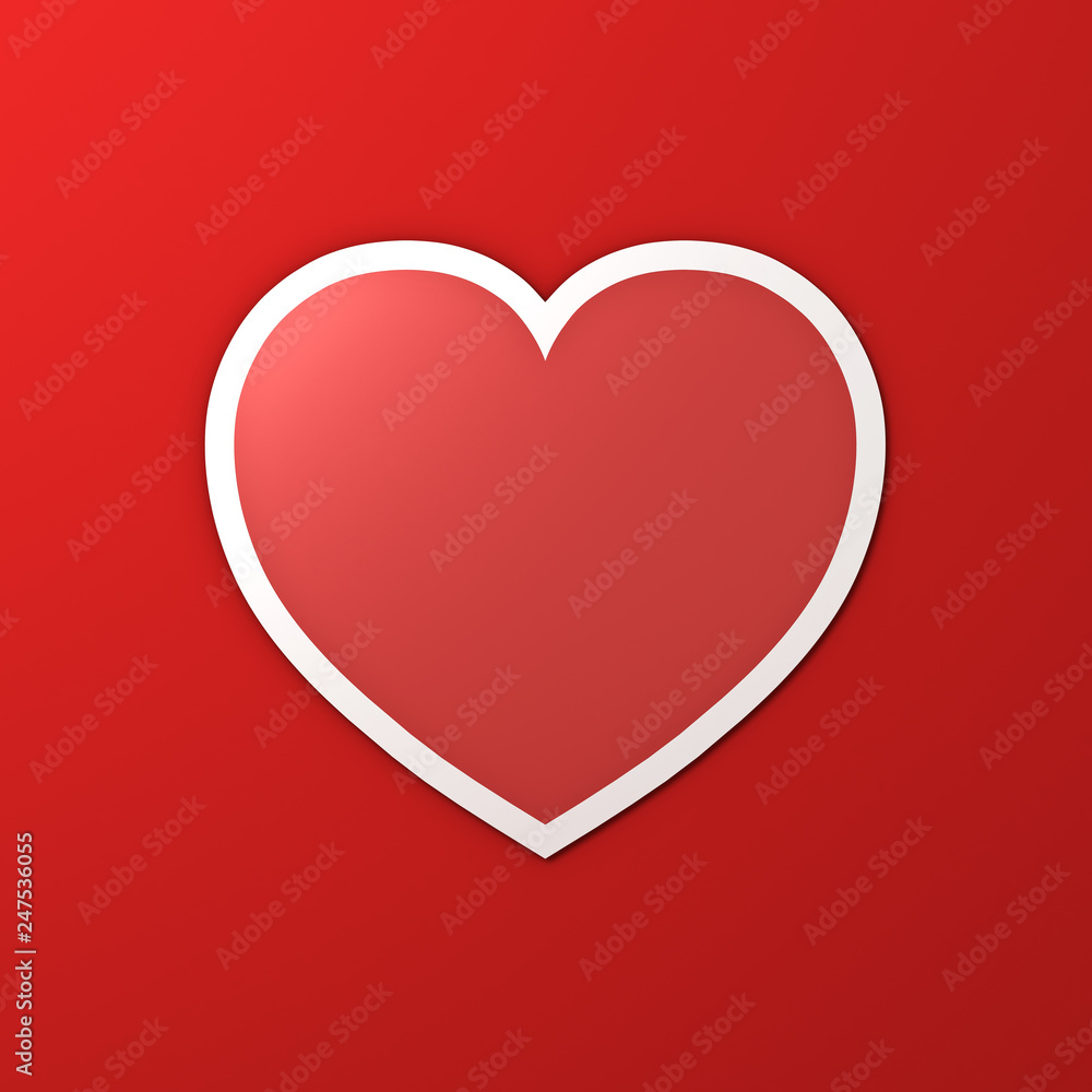 Poster Blank red heart paper sticker with shadow on red color wall background for valentines day card background 3D rendering