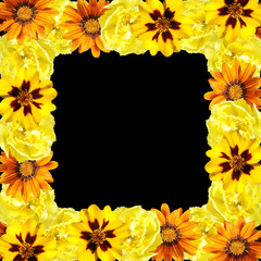 Beautiful floral background of tulips, marigolds and gazania 