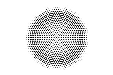 Black on white round halftone texture. Centered dotwork gradient. Halftone vector background.