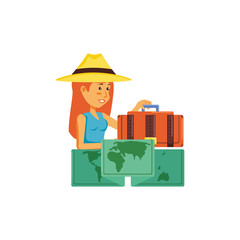 woman tourist with hat and paper maps