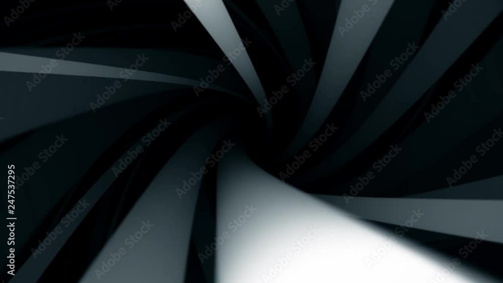 Poster abstract background with animation of spinning bright helix with wide white twisting lines, monochro