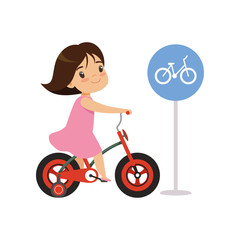 Fototapeta na wymiar Girl Riding Bike, Bicycles Only Road Sign, Traffic Education, Rules, Safety of Kids in Traffic Vector Illustration