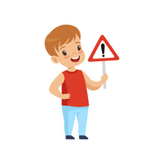 Cute Smiling Boy Holding Triangle Warning Road Sign,Traffic Education, Rules, Safety of Kids in Traffic Vector Illustration