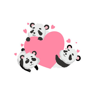 Cute Panda Bears Holding Pink Heart, Happy Lovely Animal Character Vector Illustration