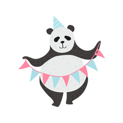 Cute Panda Bear Wearing Party Hat Holding Party Flags, Happy Lovely Animal Character Vector Illustration