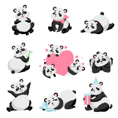 Fototapeta premium Zestaw Cute Happy Baby Panda Bear, Lovely Animal Character Panda w różnych pozach ilustracji wektorowych