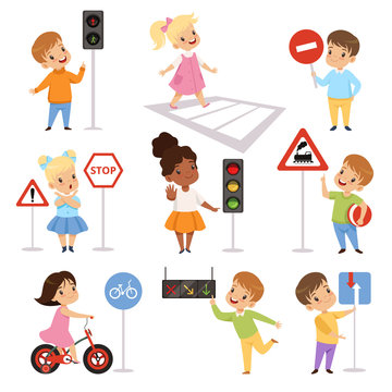 Cute Smiling Boys and Girls Child Learning Rules of Road set, Traffic Education, Rules, Safety of Kids in Traffic Vector Illustration