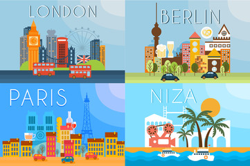 Travel landmarks, city architecture vector illustration in flat style