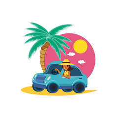 Fototapeta premium woman driving tourism little car in seascape