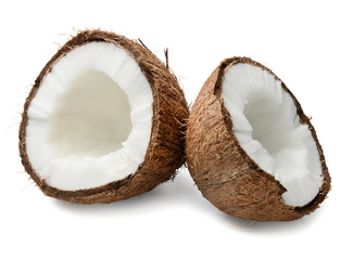 Two halves of chopped coconut. Close-up. White isolated background. Good detail.