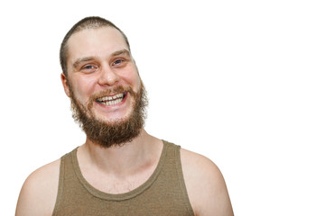 close-up face portrait of smiling happy bearded unshaven guy on white isolated background