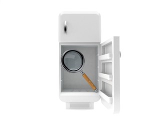 Open fridge with magnifying glass