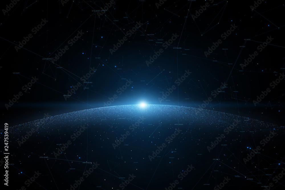 Poster digital network cyberspace globe with sunlight reflection and numbers, copy space illustration backg