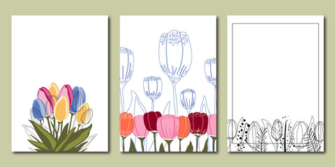 Vector set of creative spring universal floral cards with flat tulips.Design for poster, card, invitation, placard, brochure, flyer.In trendy colors on white background.