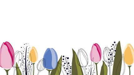 Vector background with tulips and leaves in trendy colors,isolated on white.Simple flat style.
