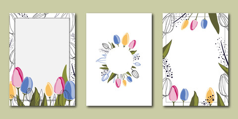 Fototapeta na wymiar Vector set of creative spring universal floral cards with flat tulips.Design for poster, card, invitation, placard, brochure, flyer.In trendy colors on white background.