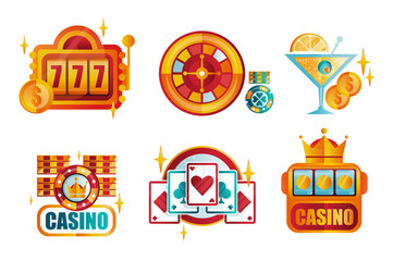 Fototapeta premium Vector set of original retro logo templates for royal casino poker club. Gambling emblems. Elements for mobile app or professional tournament promo