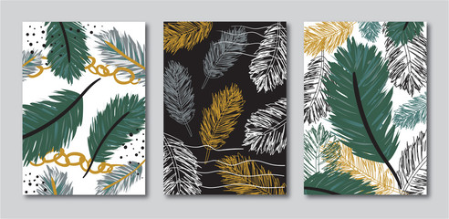 Vector set of creative universal abstract cards.Design for poster, card, invitation, placard, brochure, flyer.In black,gold,white and green colors.