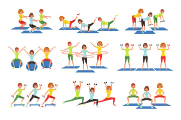 Fototapeta premium Set of people working out in gym. Young girls and guys doing exercises. Physical activity. Healthy lifestyle. Men and women in sportswear. Flat vector design