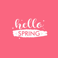 Hello spring custom text or logo with pink background. Vintage style spring welcoming sticker or banner.