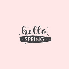 Hello spring logo with hand drawn text and star shapes around. Vintage style retro typo for spring.