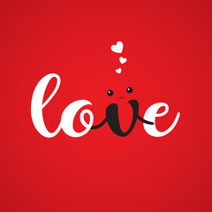 Love hand drawn text with v character holding all together. Happy romantic vector illustration.