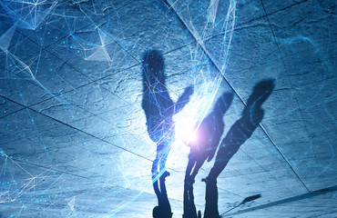 Blue colored shadows of people with artistic cyberspace sphere background. Conceptual spy and artificial intelligence background.