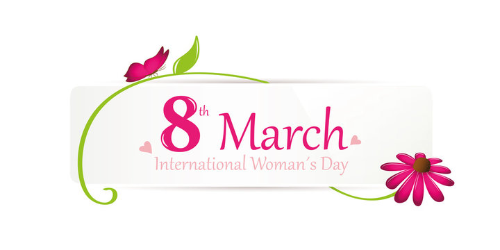 international womans day on 8th march white label with pink butterfly and flower vector illustration EPS10