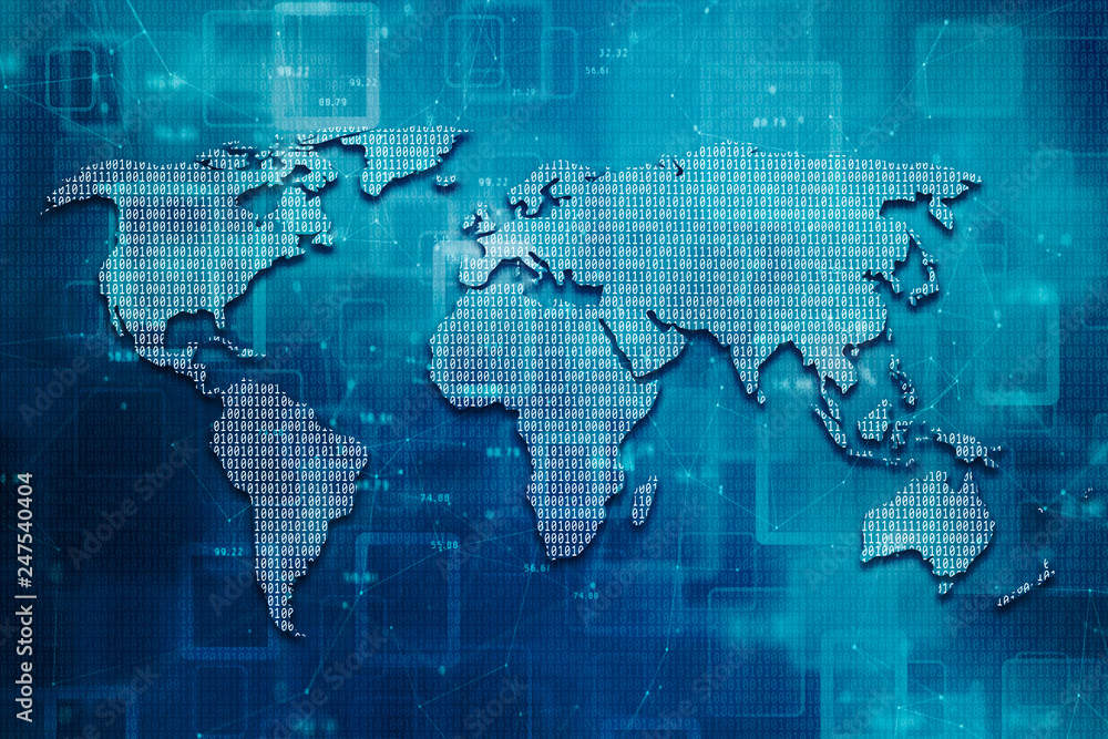 Poster world map illustration formed by binary numbers. conceptual worldwide communication background.