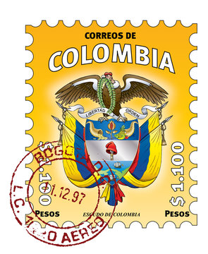 Colombian stamp. Escudo de Colombia. Yellow stamped