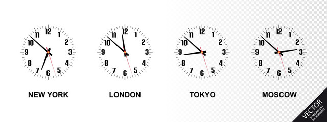 Different Time Zones - New York, London, Tokyo, Moscow - Vector Illustration - Isolated On Transparent Background