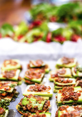 Raw vegan buffet - zucchini lasagna with garlic tomato filling