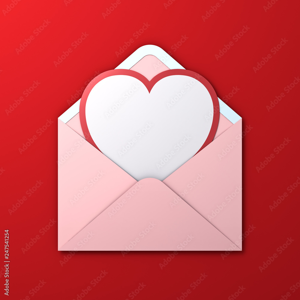 Aufkleber Blank white heart shape paper cut card with red edge in pink pastel color  envelope isolated on red background with shadow for valentine's day 3D rendering