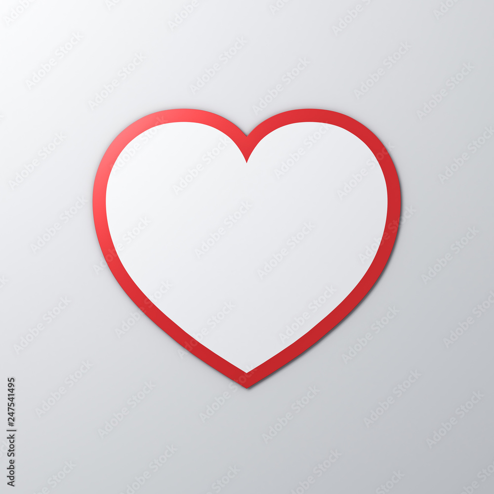Aufkleber Blank white heart paper sticker with red edge and shadow on white color wall background for valentines day card background 3D rendering