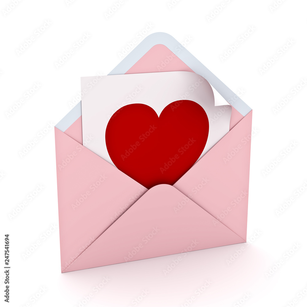 Poster Blank red heart shape on white paper note in pink pastel color envelope isolated on white background with shadow for valentine's day 3D rendering