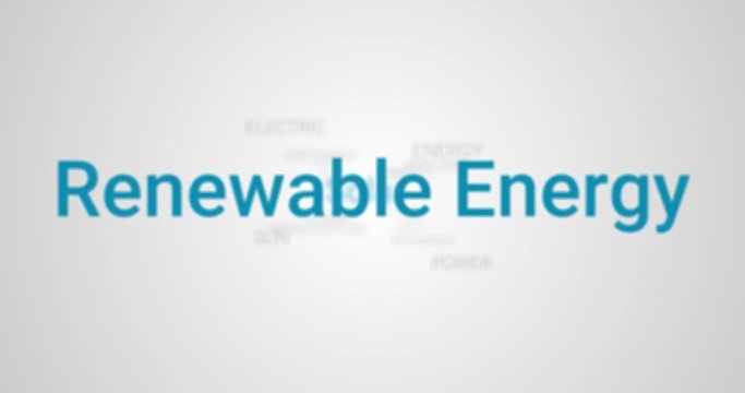 Video Animation showing informations about Renewable Energy (e.g. Geothermal, heat pump, sustainability, ecology). Gray background, blue text. Tag Cloud