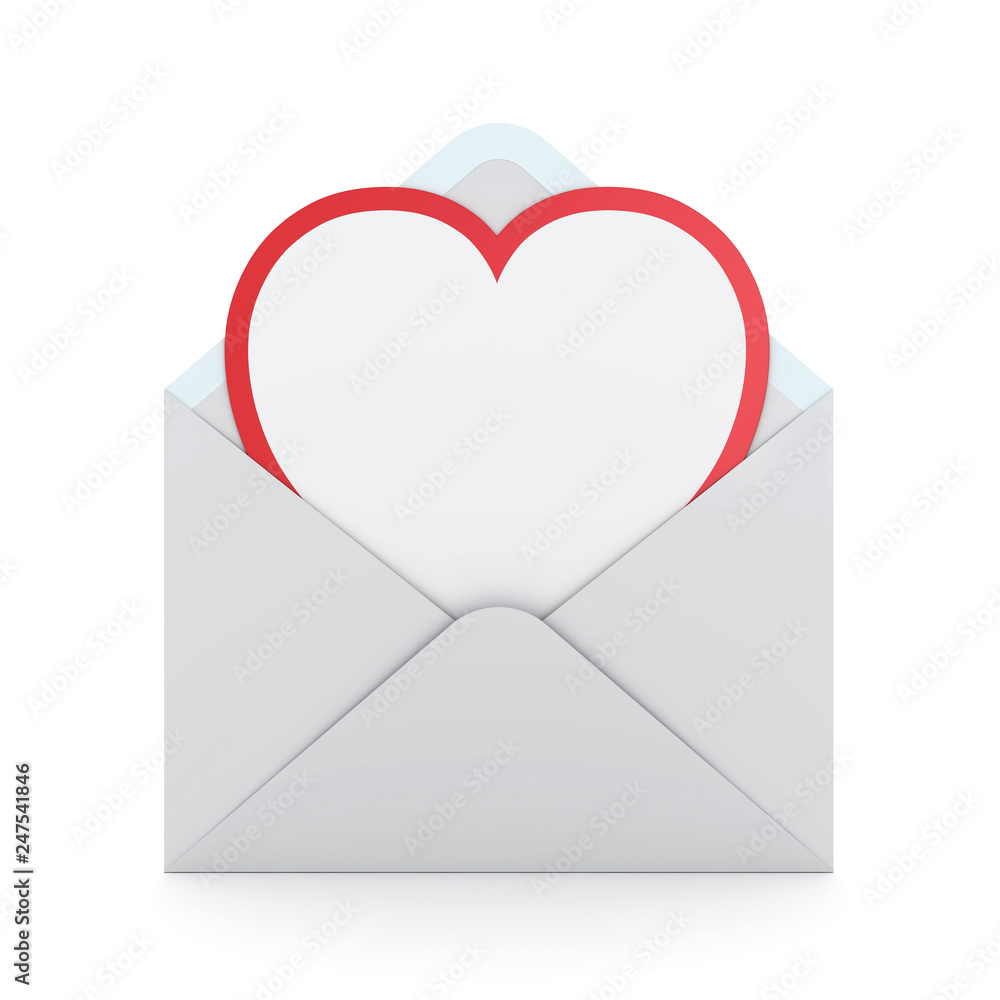 Poster Blank white heart shape paper cut card with red edge in white envelope isolated  on white background with shadow for valentine's day 3D rendering