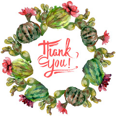 Green cactus floral botanical flower. Watercolor background illustration set. Frame border ornament...