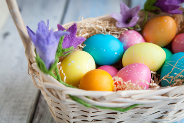 Obraz na płótnie Canvas Easter eggs in a basket on a wooden table