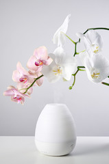 Ultrasonic Oil diffuser and orchid flowers on white table of gray background