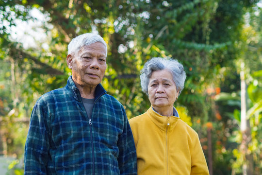 Portrait of elderly couple smiling at home garden.