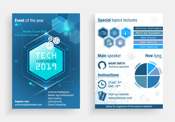 Business flyer vector template with a technology conference title. Vector illustration with front and back side.