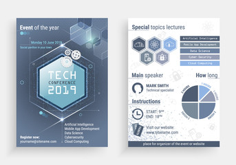 Business flyer vector template with a technology conference title. Vector illustration with front and back side.