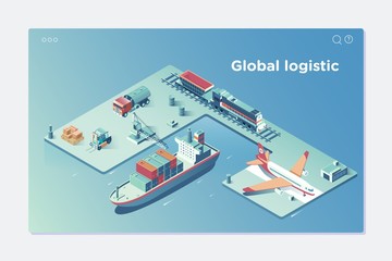 Global Logistic Isometric Vehicle Infographic.Concept of air cargo trucking rail transportation maritime shipping On-time delivery Vehicles designed to carry large numbers