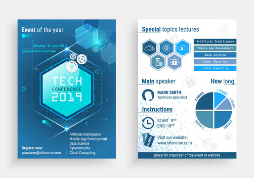 Business flyer vector template with a technology conference title. Vector illustration with front and back side.