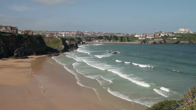Overall view of Great Western beach and waves, Newquay, Cornwall, England